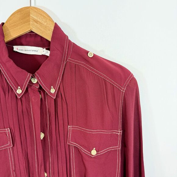 Isabel Marant Etoile GALISE Shirt Dress Burgandy Red Pleated Utility FR 34 US 2 - Picture 7 of 16